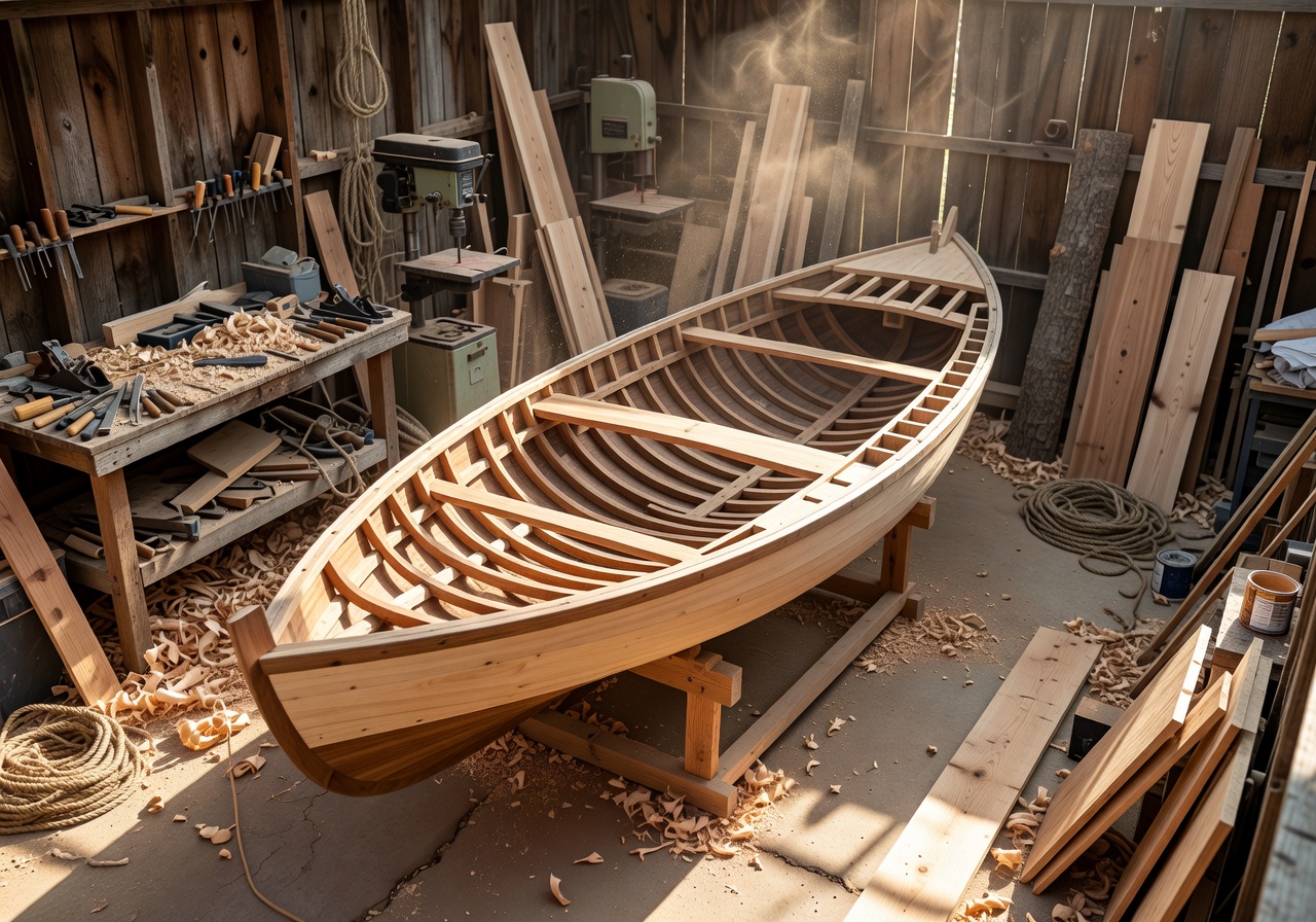 Backyard workshop with boat build in progress