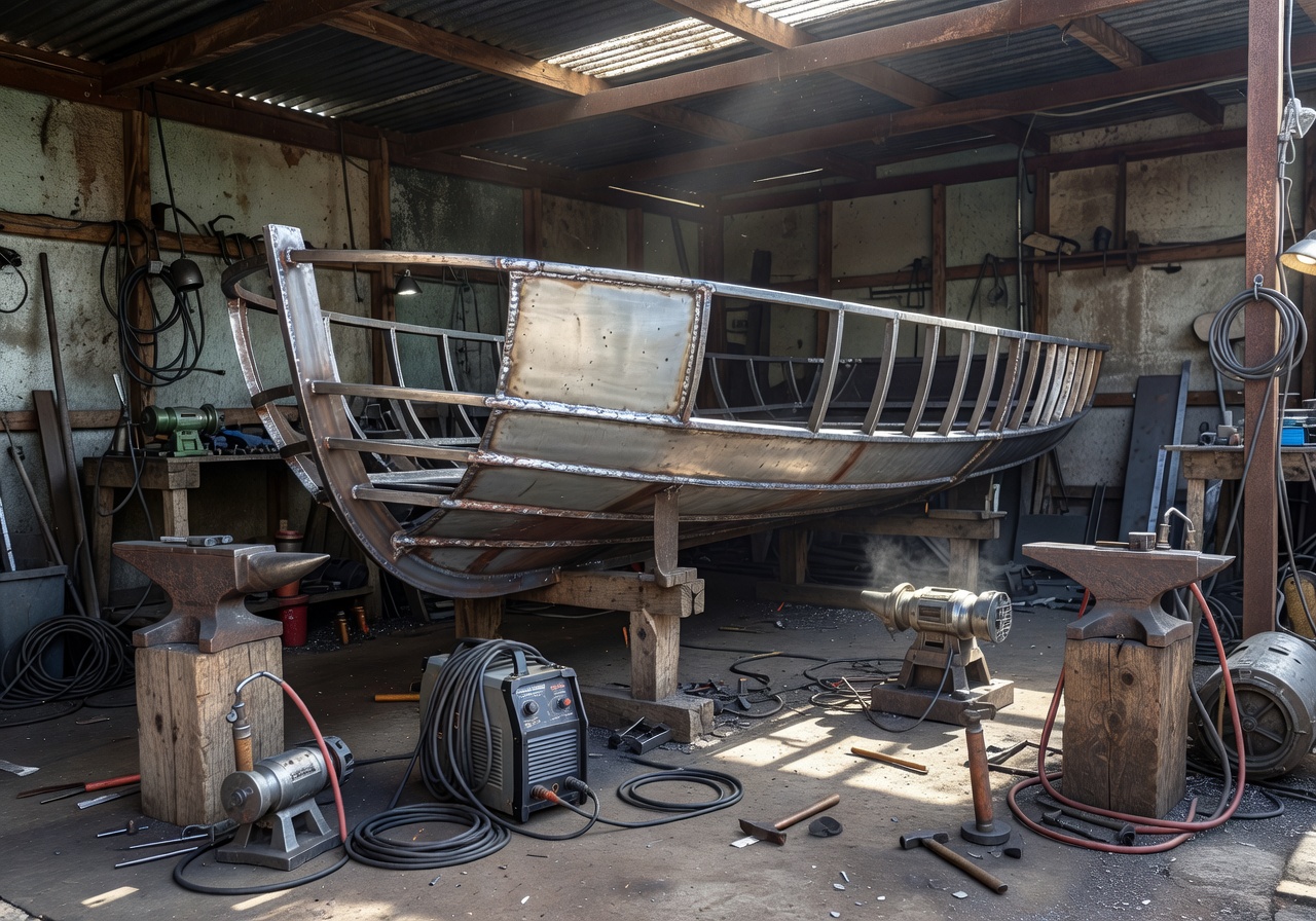 Backyard workshop with metal fabrication tools and partial boat hull