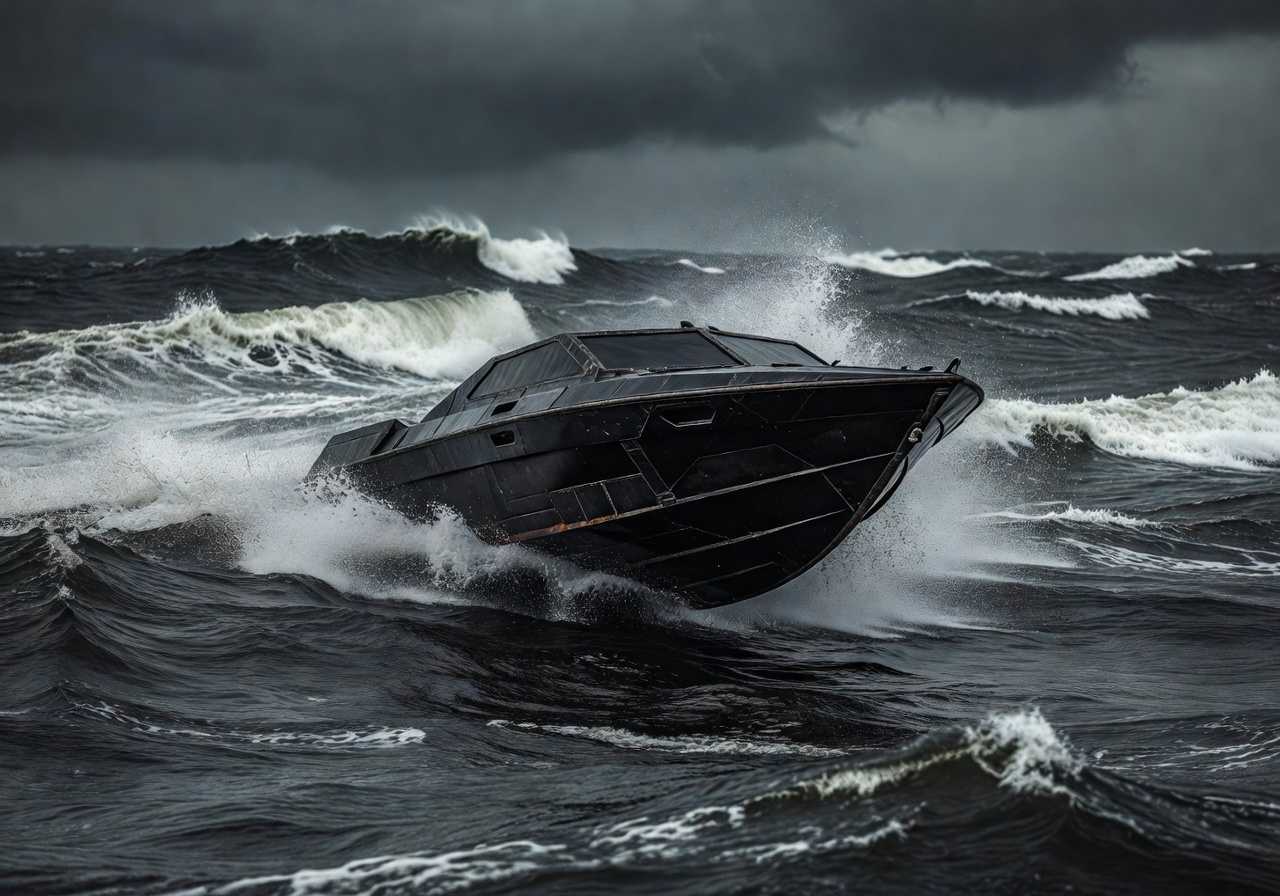 Black metal speed boat cutting through ocean waves