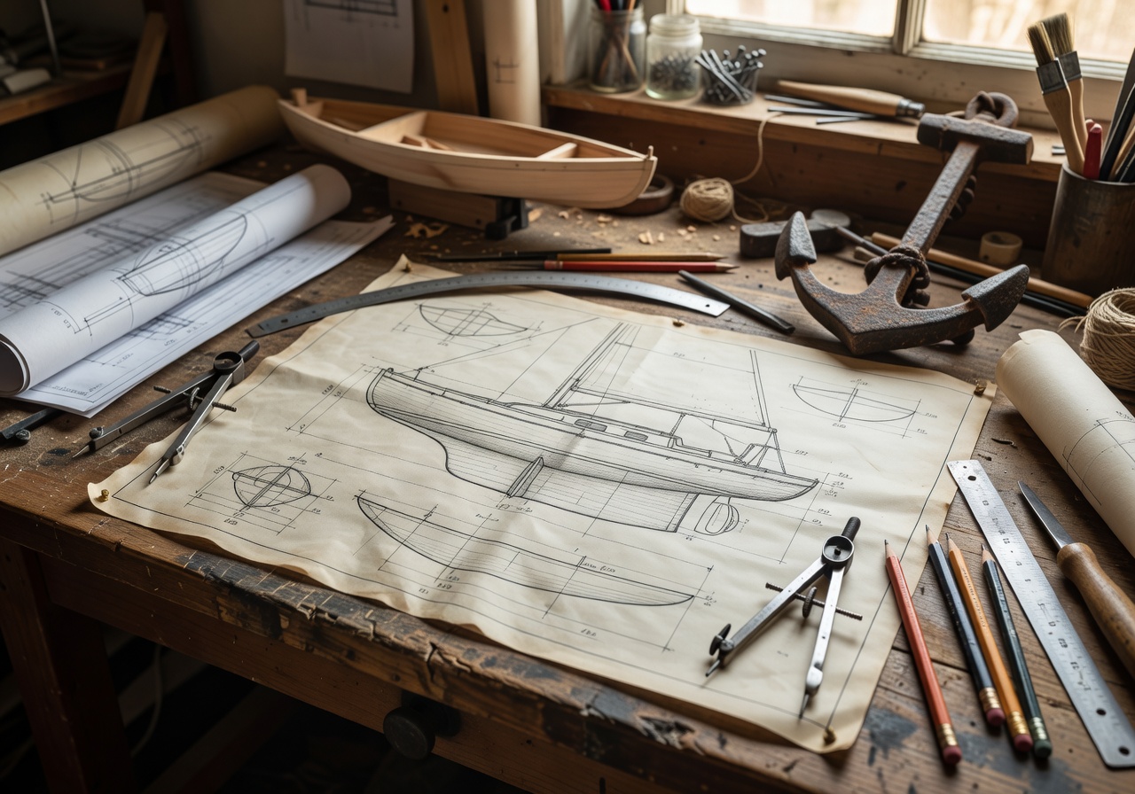 Boat blueprint design sketch on workshop desk