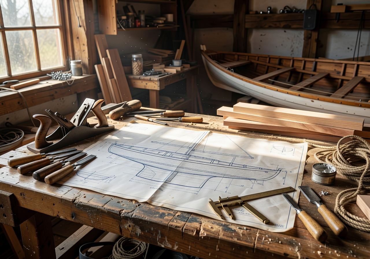 Boat blueprint on workshop bench