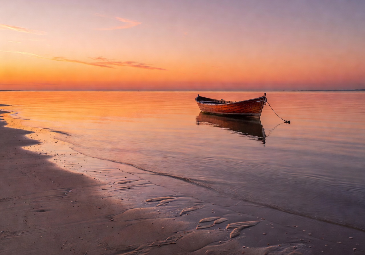Calm beach shoreline with anchored boat at golden hour