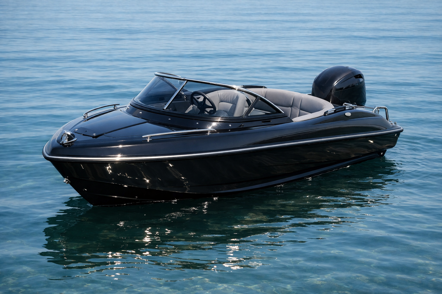 Compact mini boat with black glossy hull on calm water