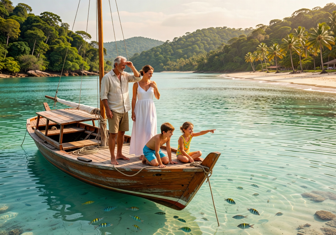 Family boat anchored in tropical bay
