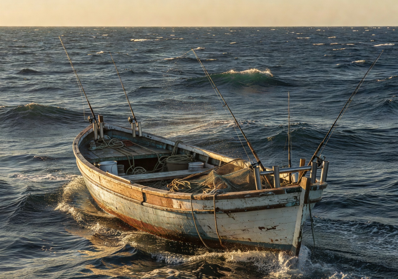 Fishing boat on open sea with rod holders