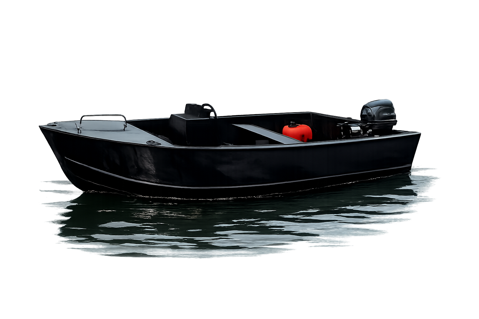 Glossy black backyard built boat floating on calm ocean water