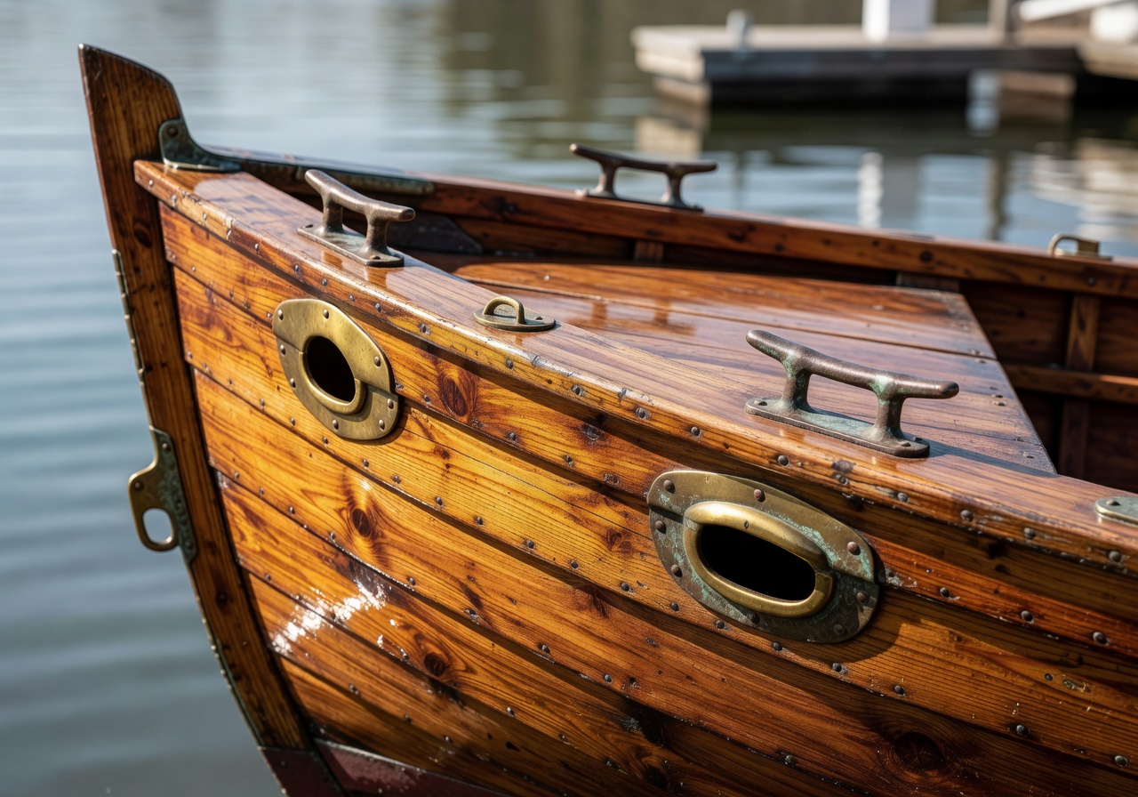 Hand crafted wooden boat detail with metal fittings