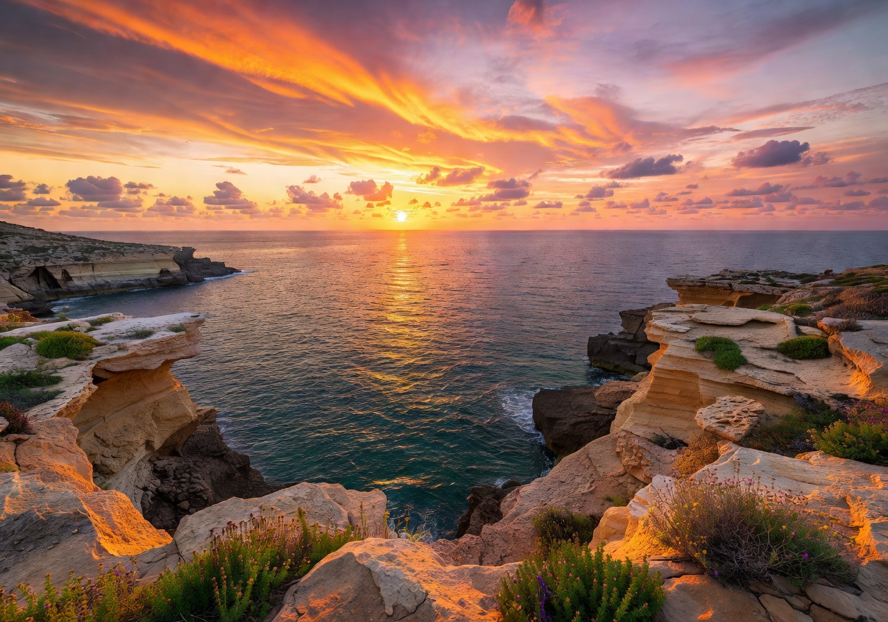 Mediterranean ocean view from Maltese coastline at sunset