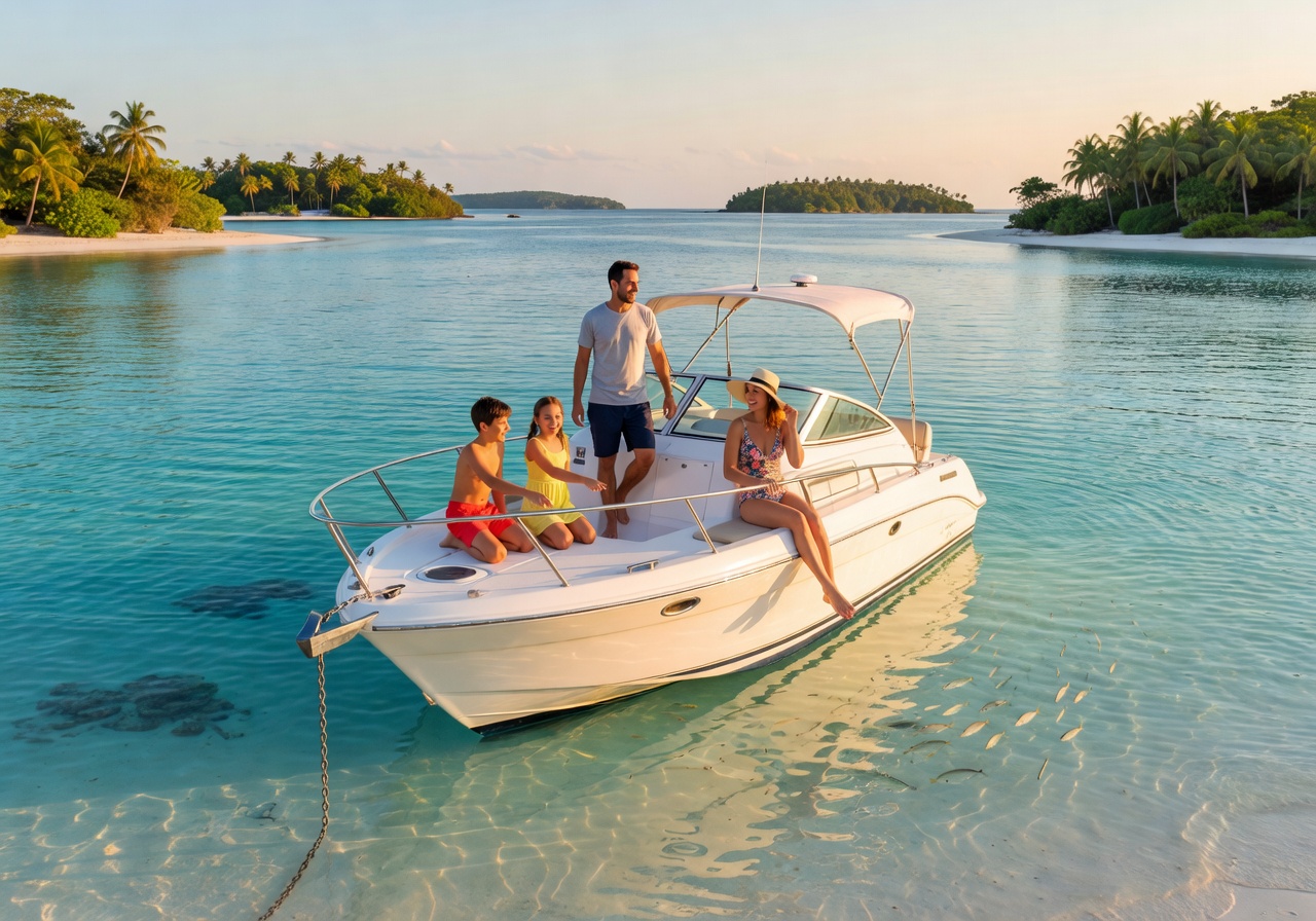 Mid sized family boat anchored in tropical bay