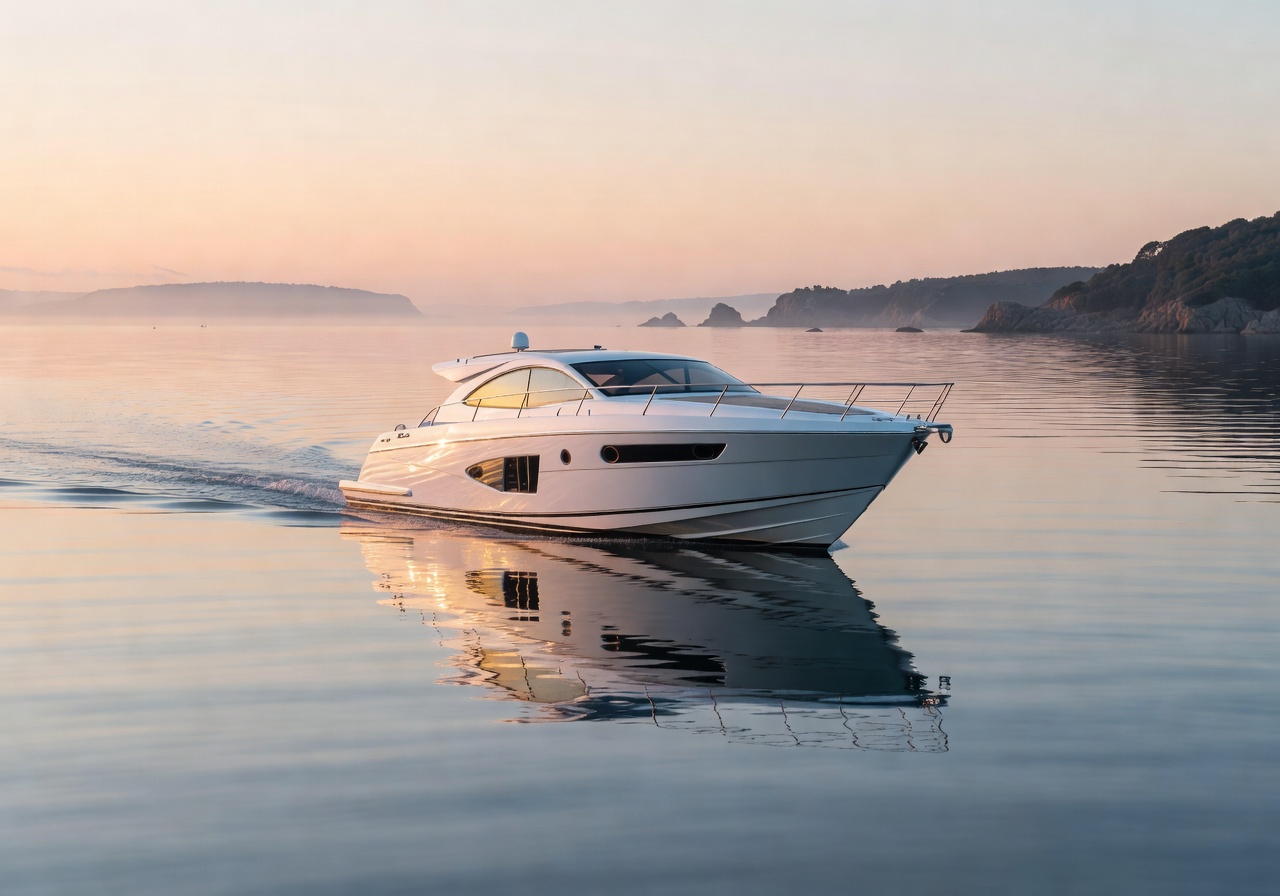 Newly built boat being tested on calm coastal water