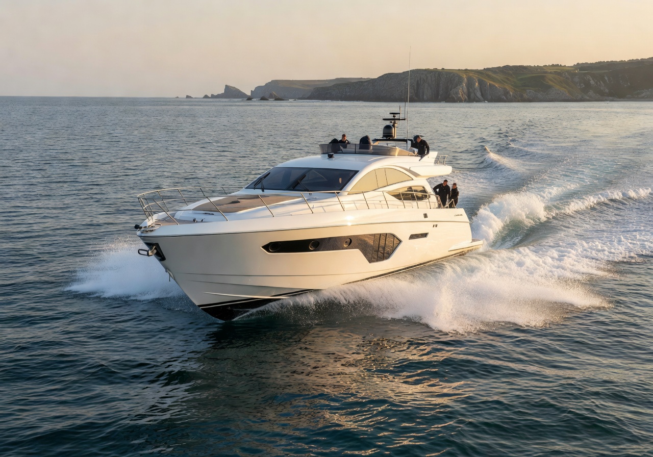 Newly built boat on coastal water during testing