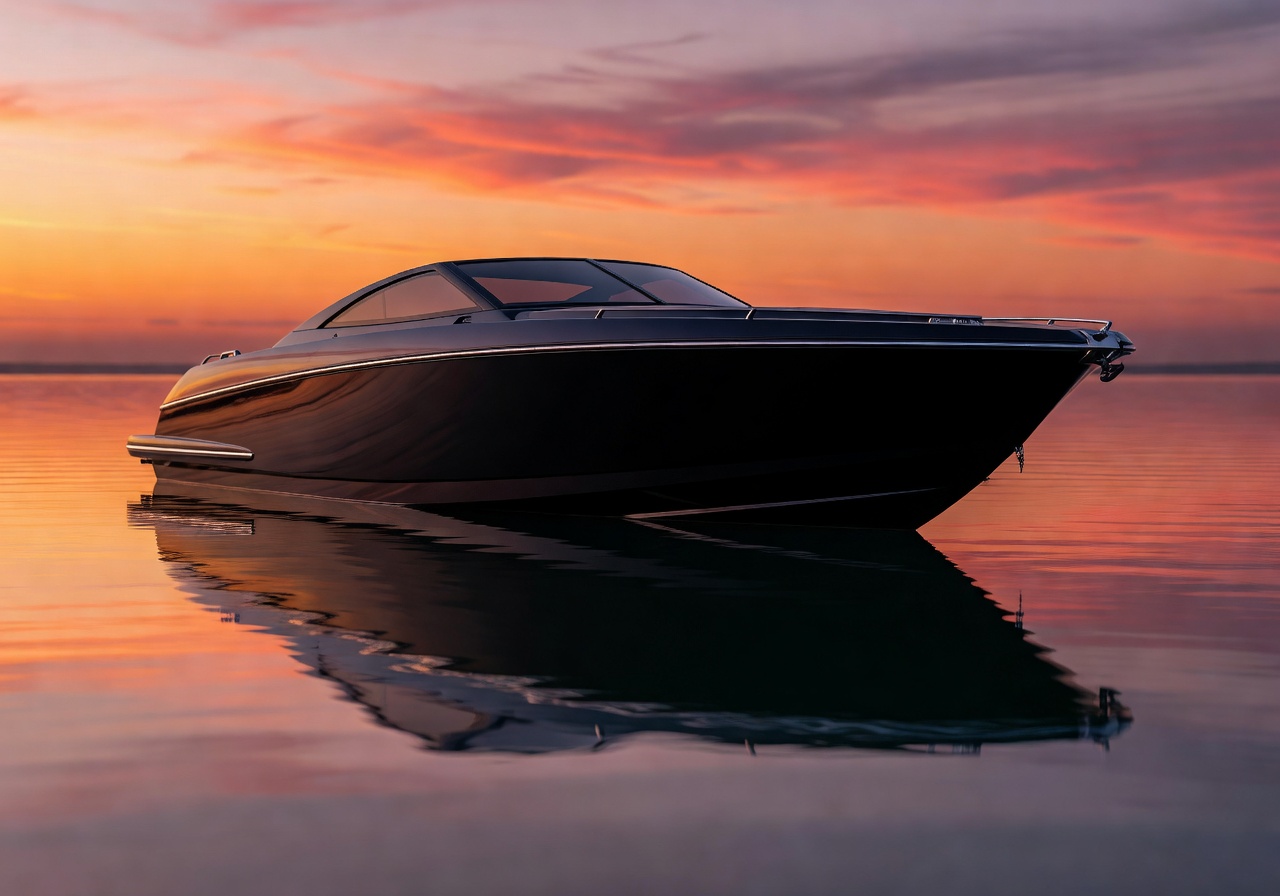 Premium black glossy custom built boat on still water at sunset