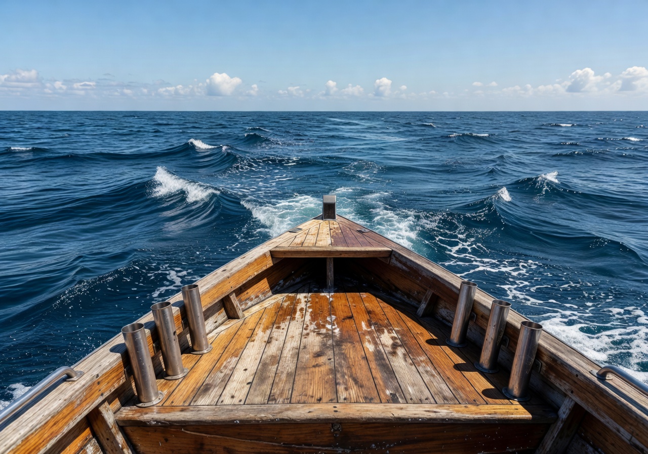 Rugged fishing boat with wooden deck and rod holders on open sea