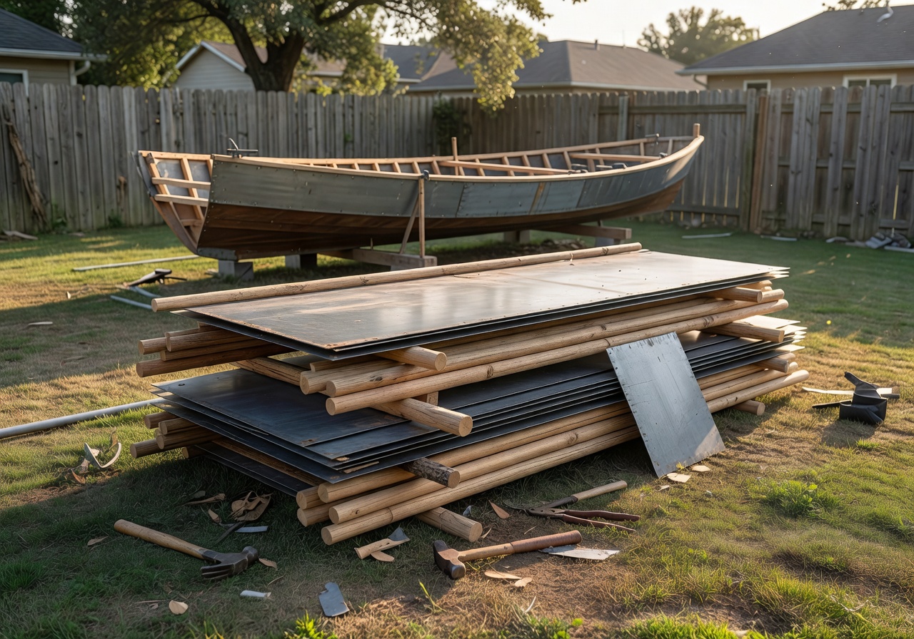 Sheet iron and wooden rods stacked for backyard boat build