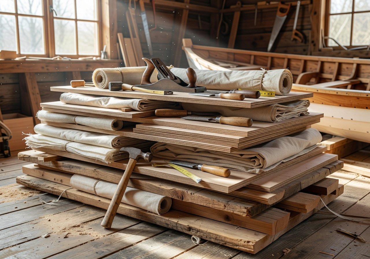 Stack of boat building materials and tools