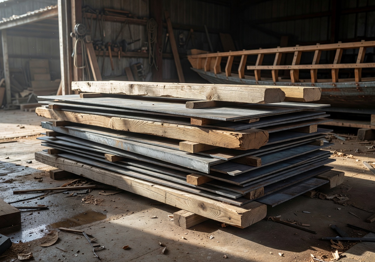 Stack of sheet iron and wood materials for boat construction