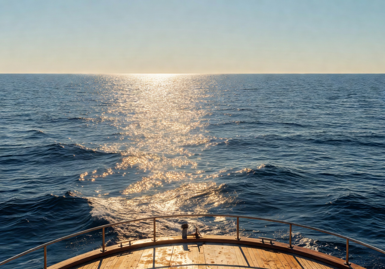 Sunlit ocean horizon from the deck of a small boat