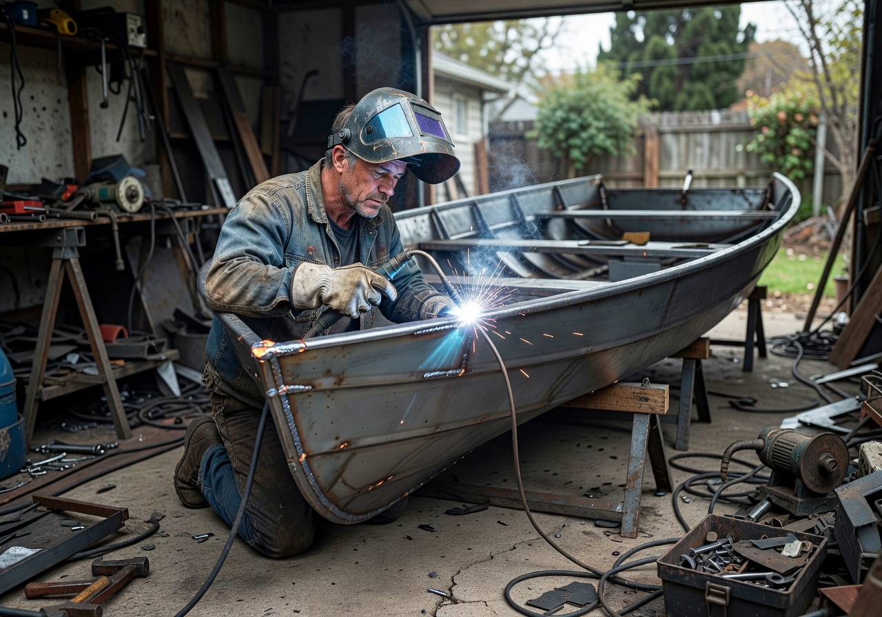 Welder assembling a metal boat hull in a backyard workshop