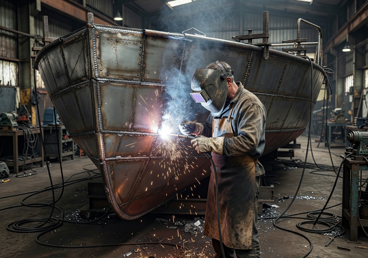 Welder building boat hull in workshop