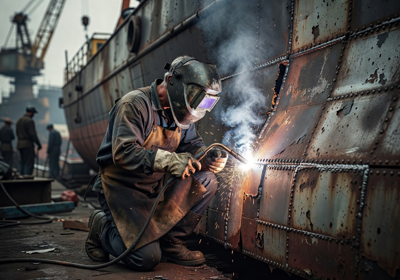 Welder wearing safety gear working on metal boat hull