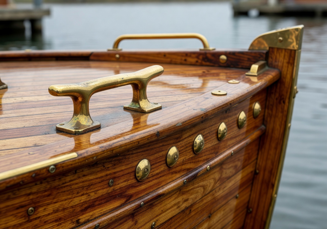 Wooden boat detail with brass fittings