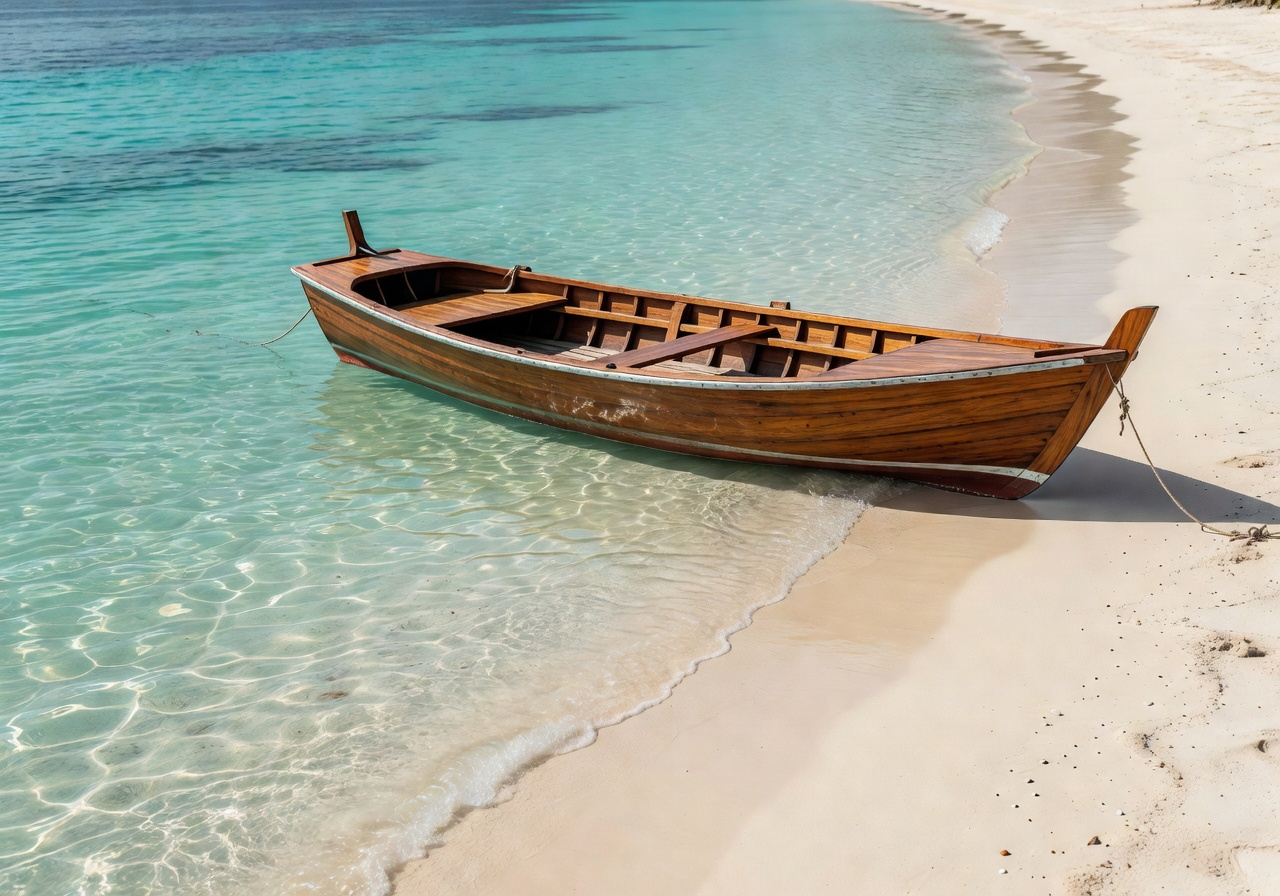 Wooden boat docked at sandy beach with crystal clear water